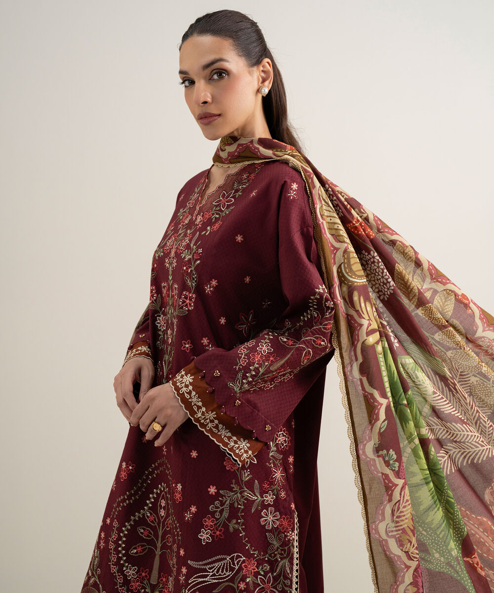 Women's Unstitched Dobby Embroidered Maroon 3 Piece Suit