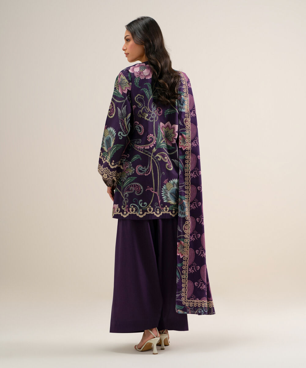 Women's Unstitched Printed Cotton Viscose Purple 3 Piece Suit