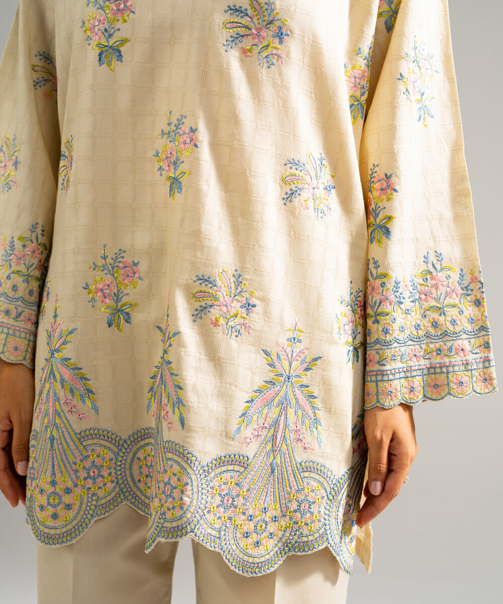 Women's RTW Dobby Embroidered Beige Straight Shirt
