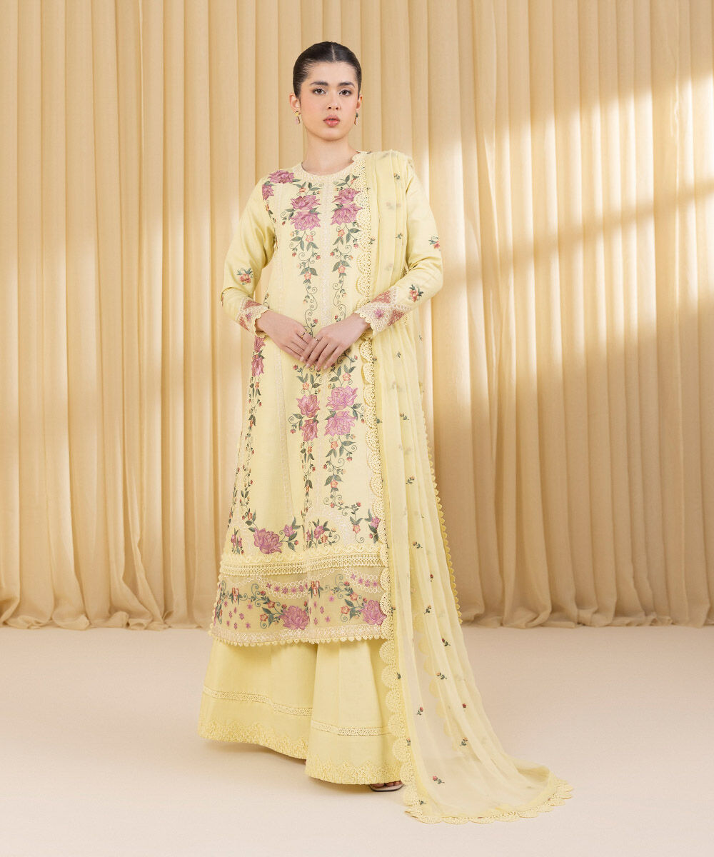 Unstitched Women's Yellow Cotton Satin 3 Piece Suit