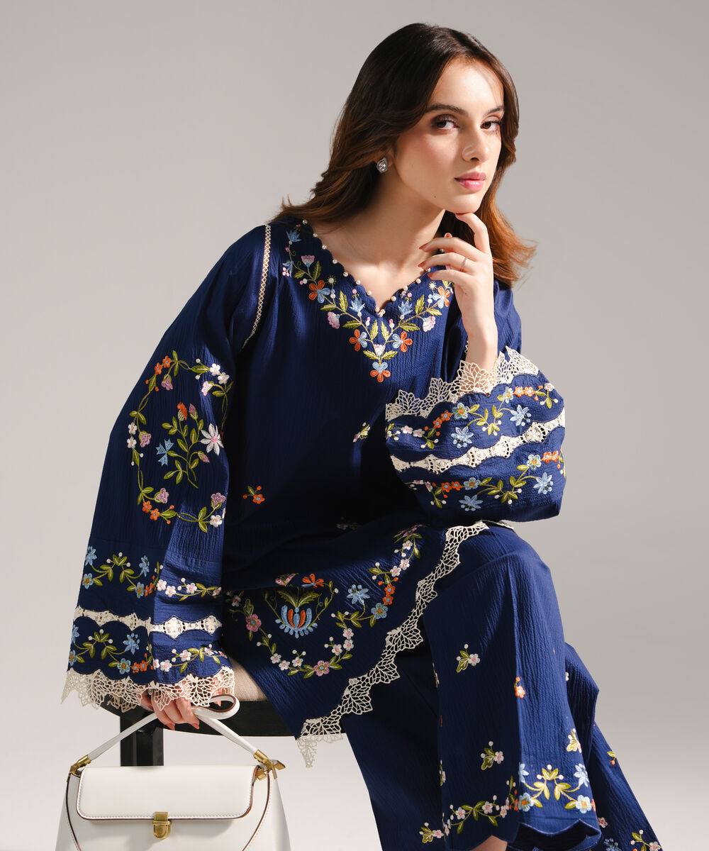 Women's RTW Seersucker Embroidered Drop Shoulder Dark Blue Shirt