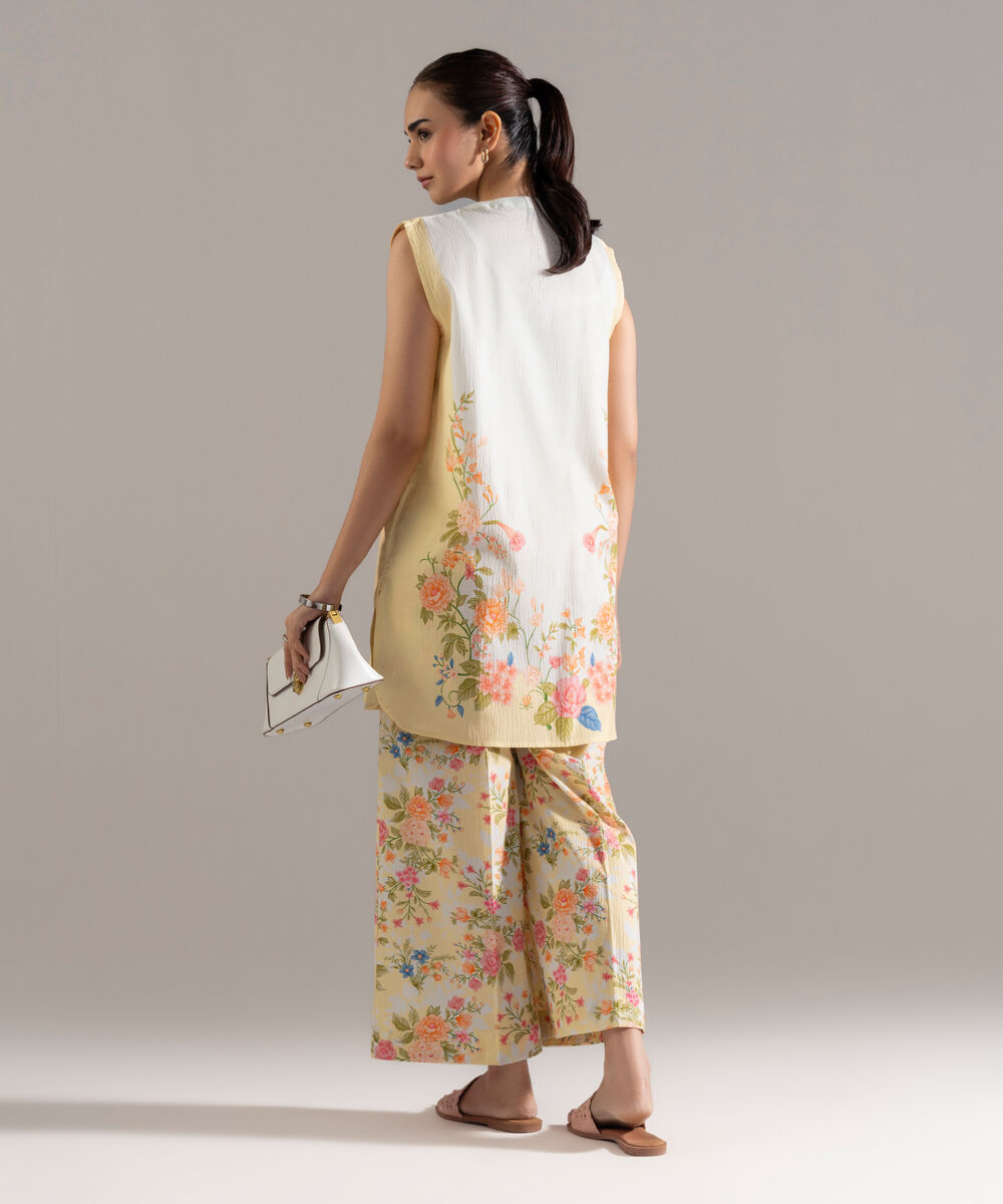 Women's RTW Seersucker Printed Pale Yellow 2 Piece Suit
