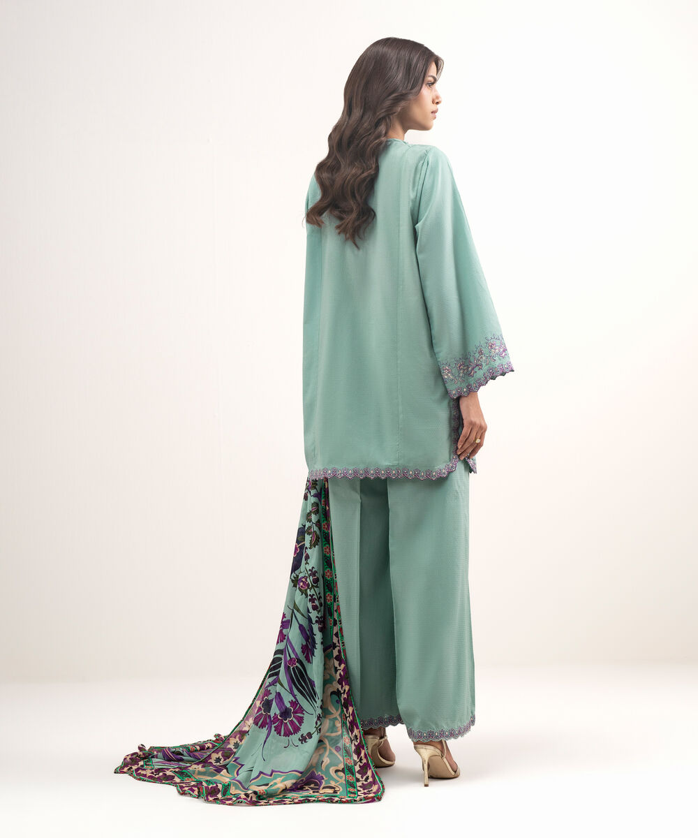 Women's RTW Dobby Embroidered Seafoam Blue 3 Piece Suit