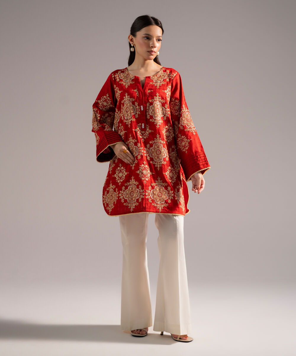 Women's RTW Dobby Embroidered Straight Rust Shirt