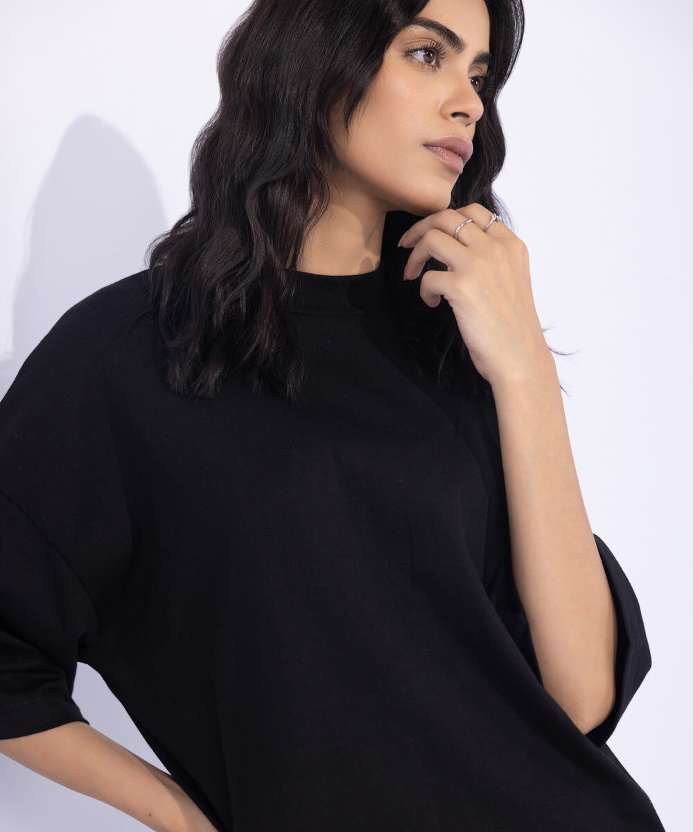 Woman - Black T-Shirt with Raised Neck