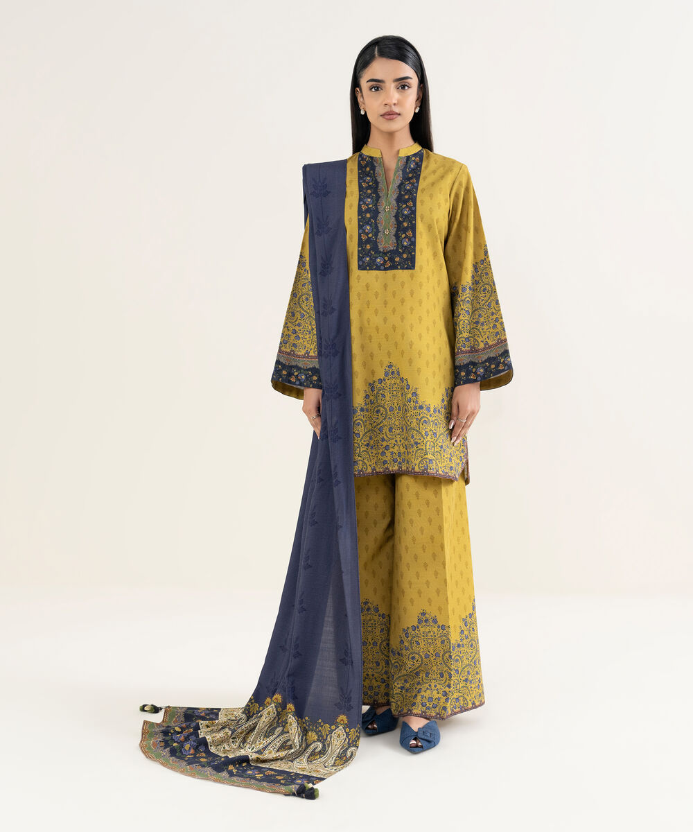 Women's Unstitched Printed Khaddar Mustard 3 Piece Suit