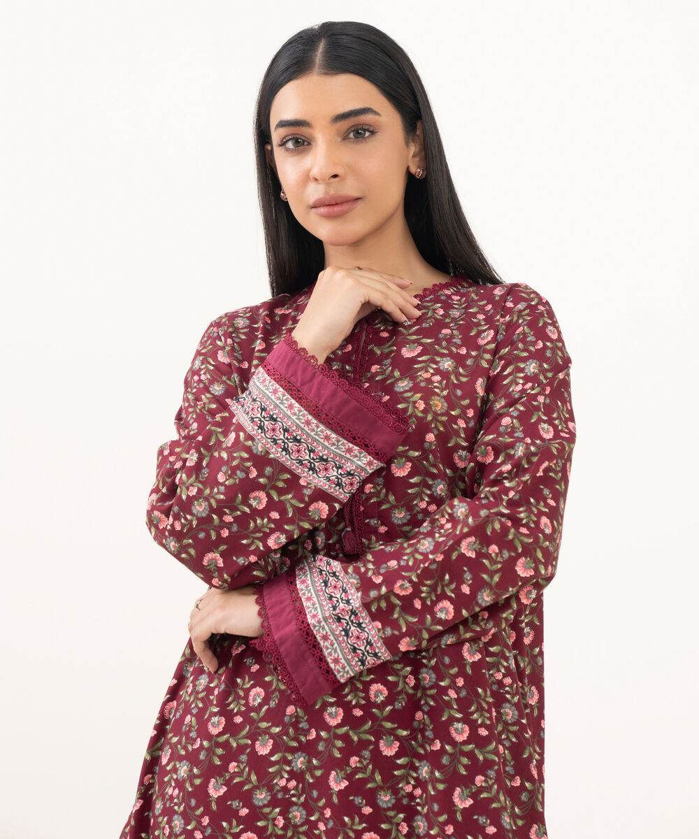 Women's RTW Linen Viscose Printed Maroon Straight Shirt