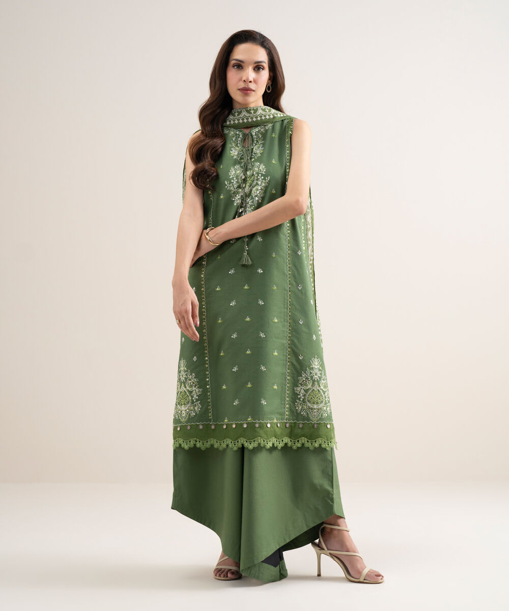 Women's Unstitched Lawn Embroidered Green 3 Piece Suit