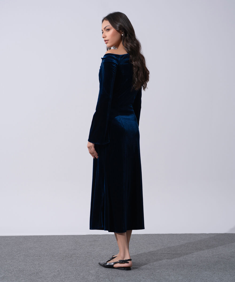 Women's Western Wear Blue Polyester Velvet Off-Shoulder Dress
