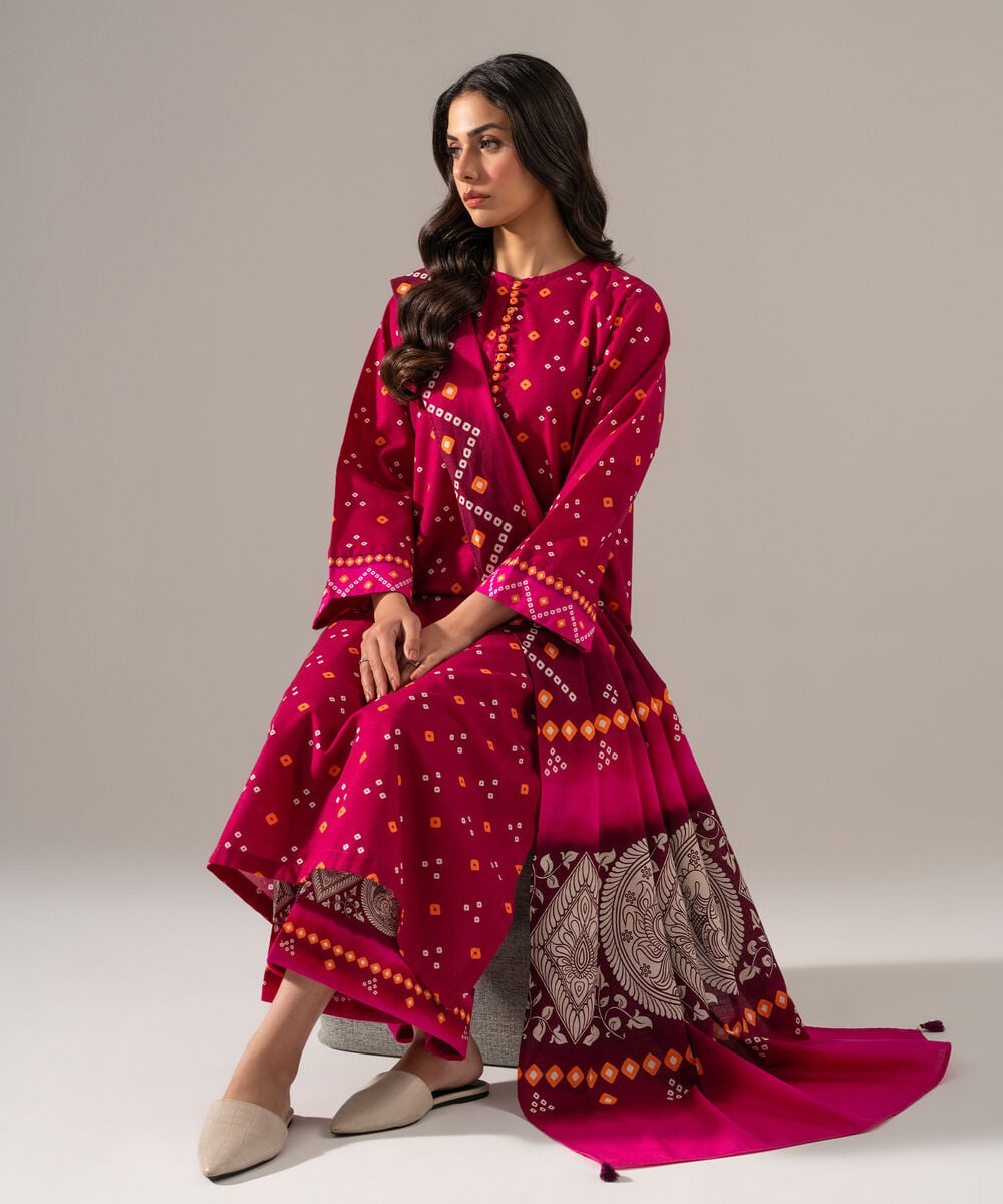 Women's RTW Khaddar Printed Pink 3 Piece Suit