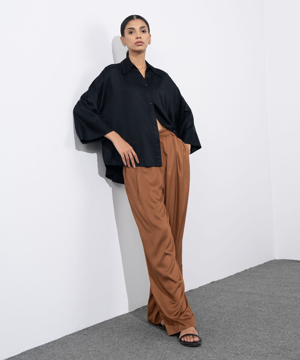 Women's Western Wear Brown Tailored Wide Leg Pleated Pants