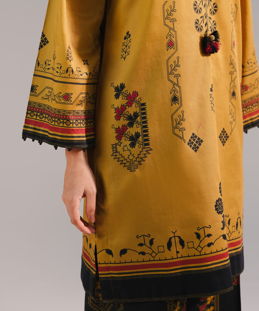 Women's RTW Cotton Satin Printed Mustard Straight Shirt