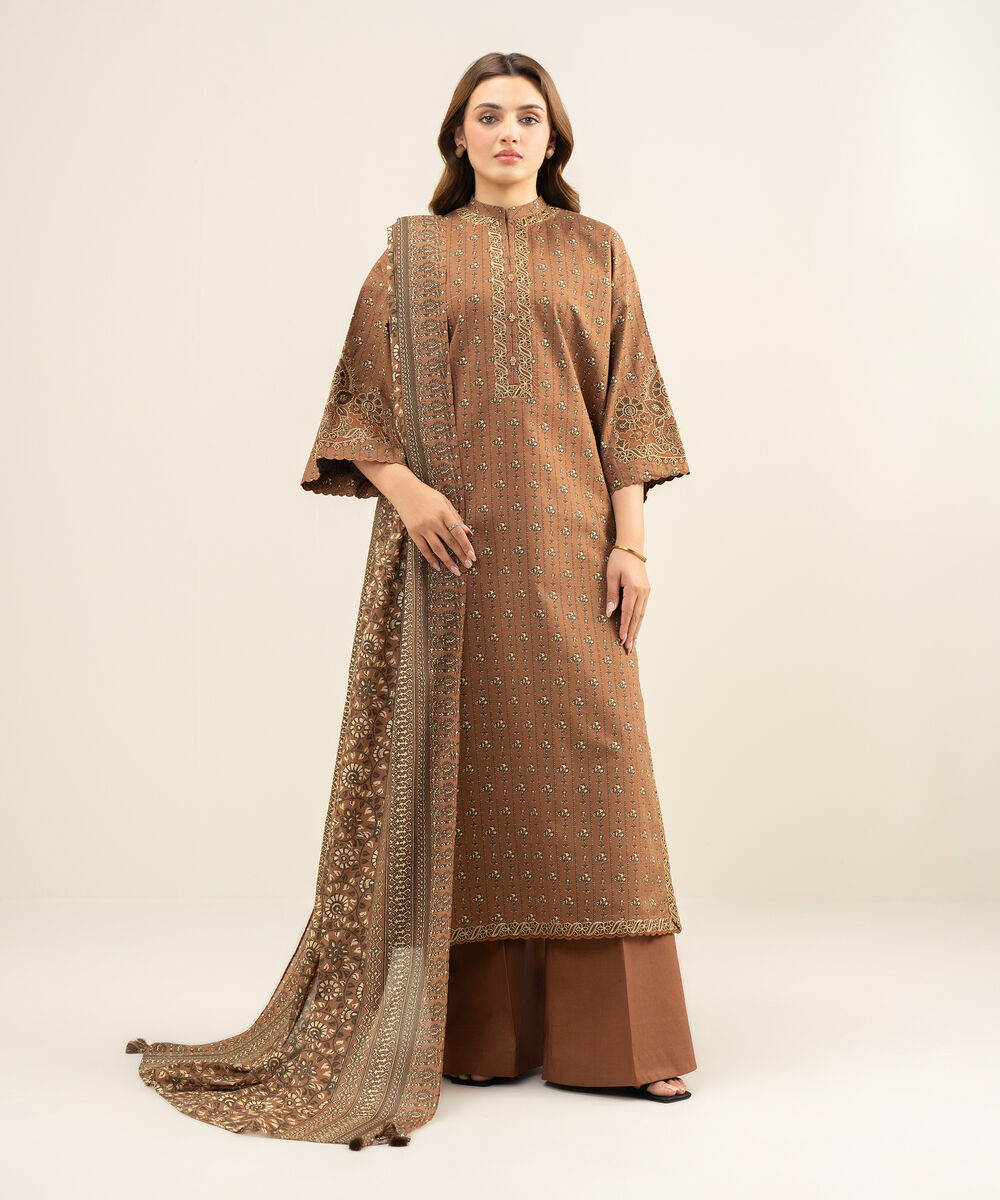 Women's Unstitched Lawn Embroidered Brown 3 Piece Suit