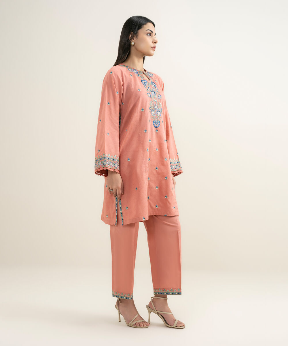 Women's RTW Self Jacquard Embroidered Pink Straight Shirt