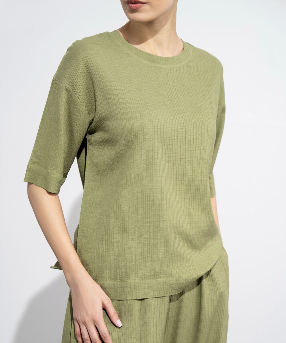 Women's Western Wear Green Seesucker Short Sleeve Top