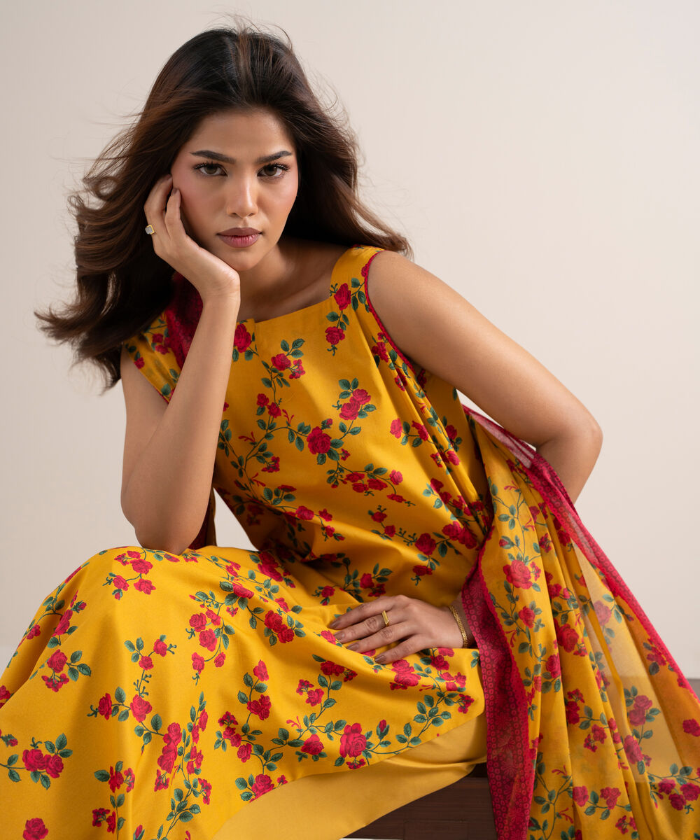 Women's Unstitched Lawn Printed Yellow 3 Piece Suit