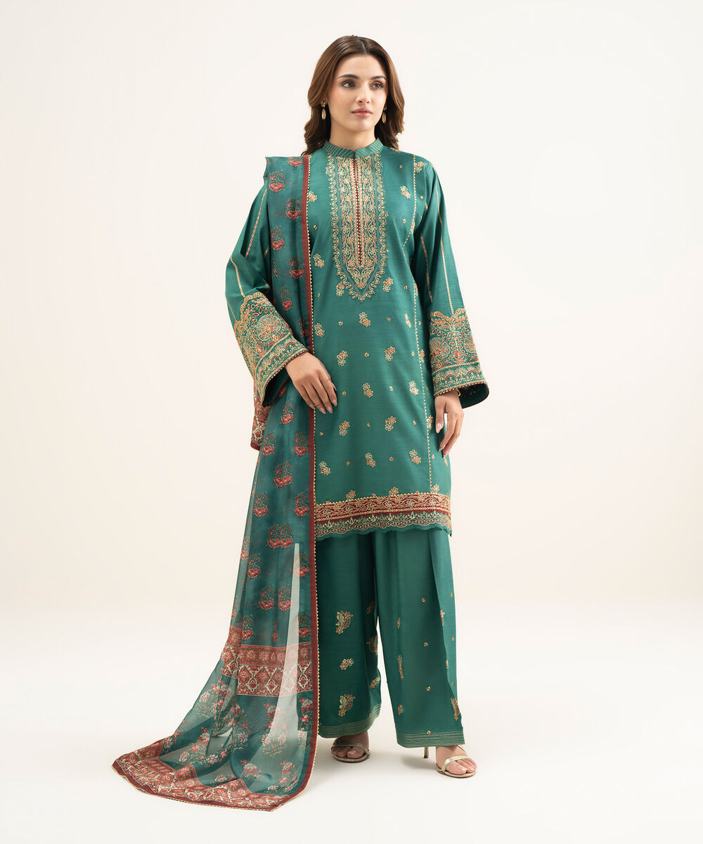 Women's Unstitched Blended Raw Silk Embroidered Green 3 Piece Suit
