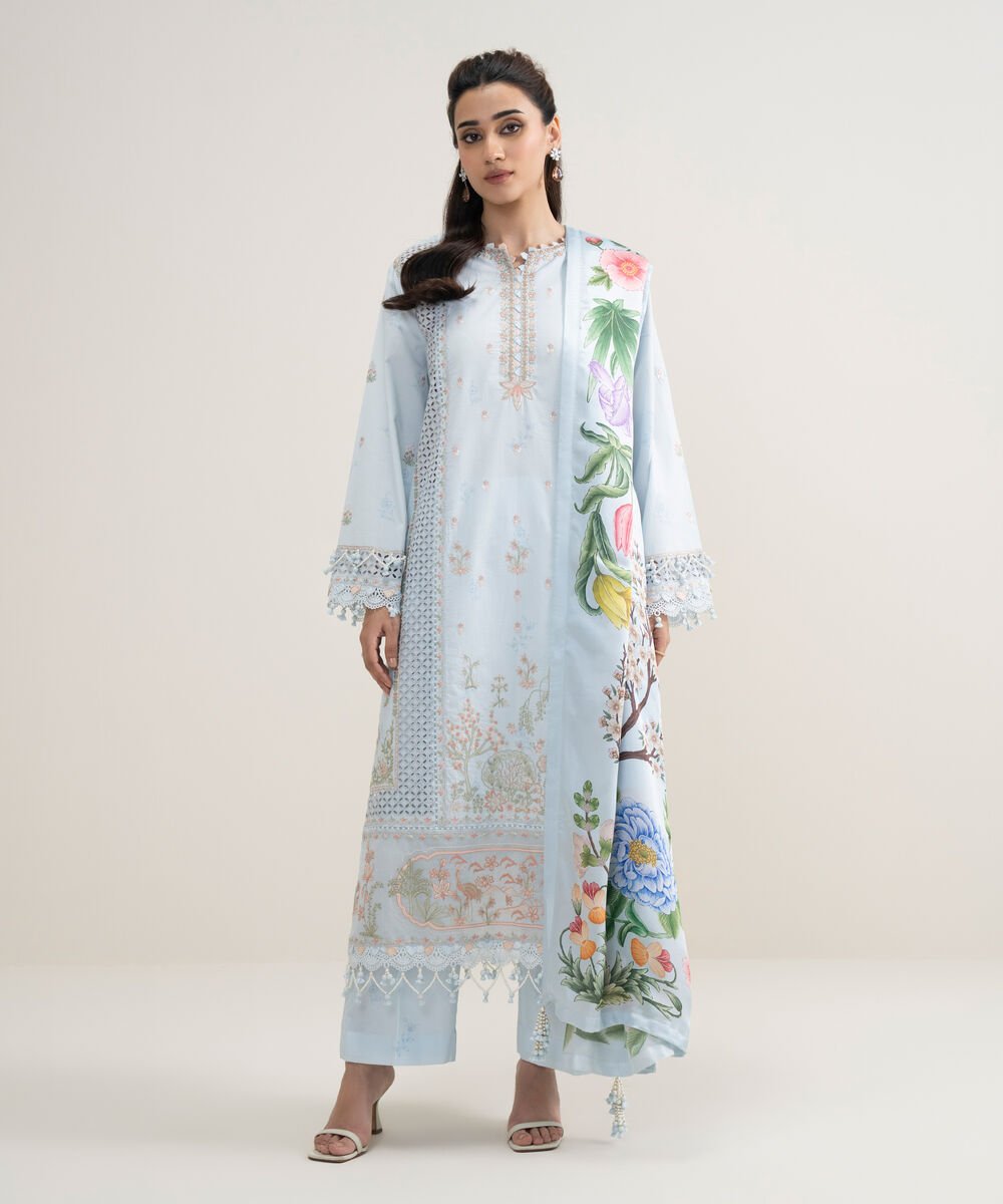 Women's Unstitched Lawn Embroidered Blue 3 Piece Suit