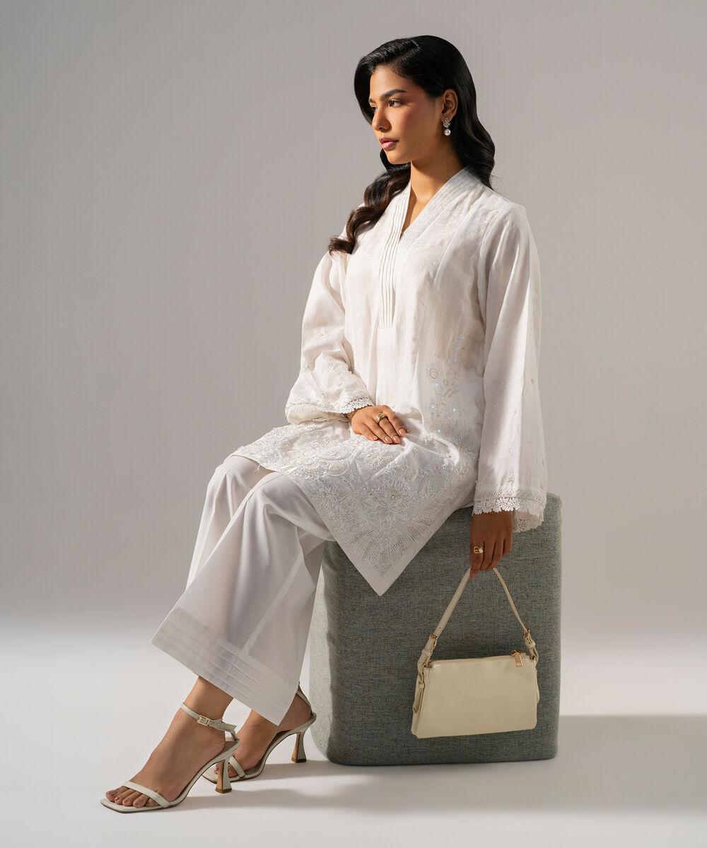 Women's RTW Self Jacquard Solid Embroidered Off White 2 Piece Suit