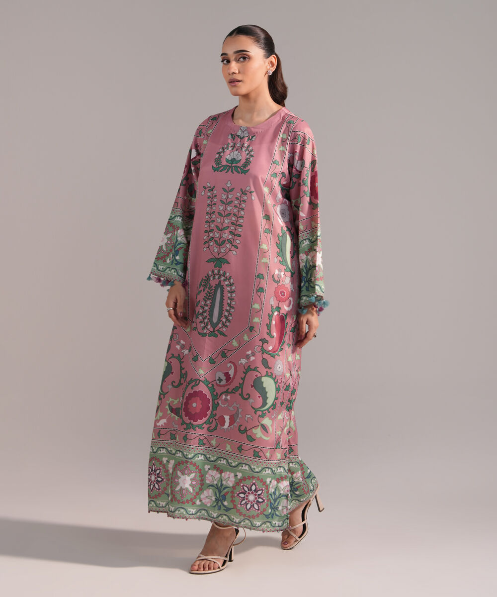 Women's RTW Blended Grip Silk Printed Pink A-Line Shirt