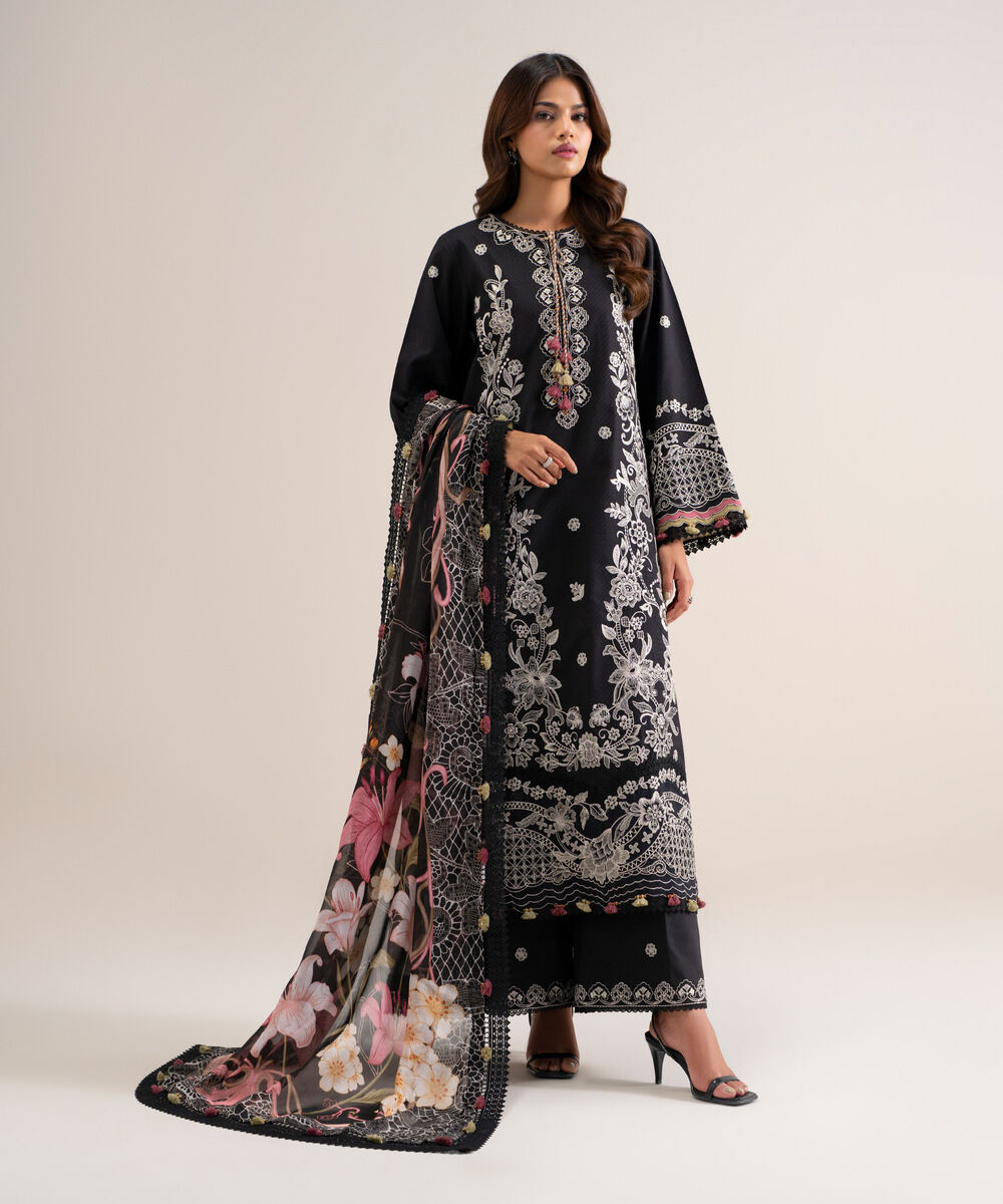 Women's Unstitched Embroidered Dobby Black 3 Piece Suit