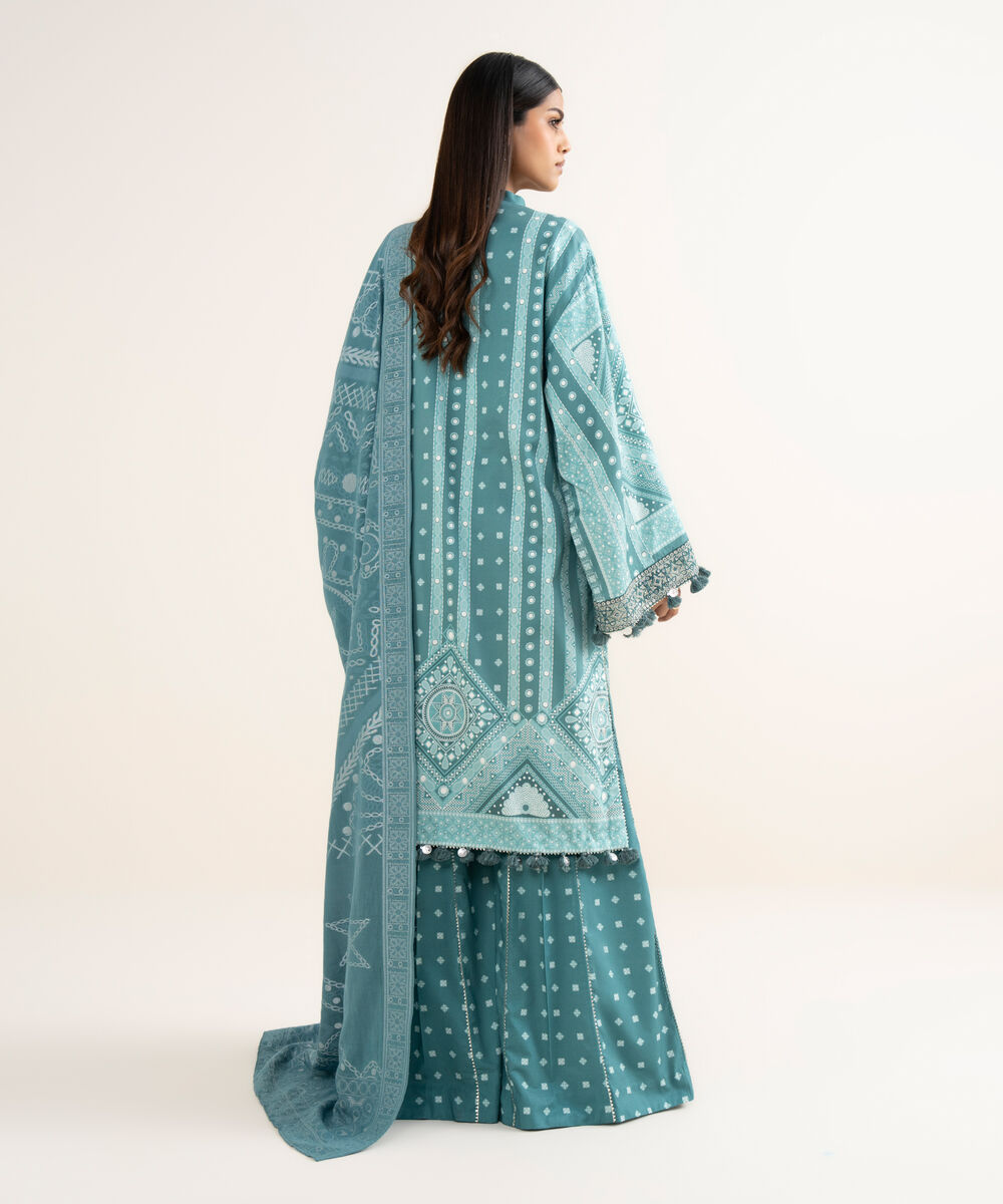 Women's Unstitched Fine Cotton Satin Embroidered Blue 3 Piece Suit