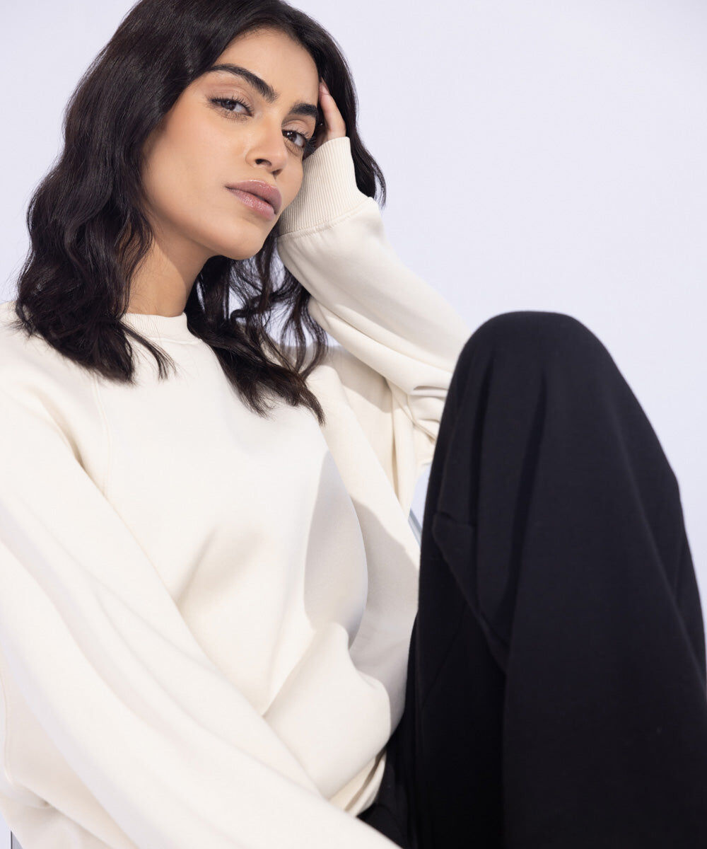 Woman - Off White Fleece Sweatshirt with Raglan Sleeves