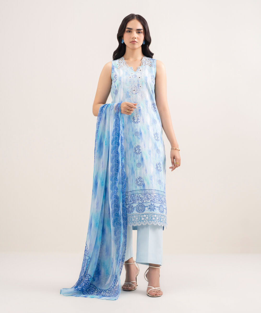Women's Unstitched Lawn Embroidered Blue 3 Piece Suit