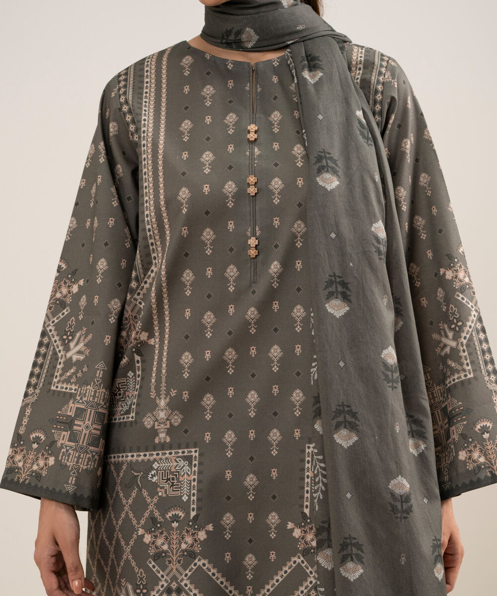 Women's Unstitched Lawn Printed Grey  3 Piece Suit