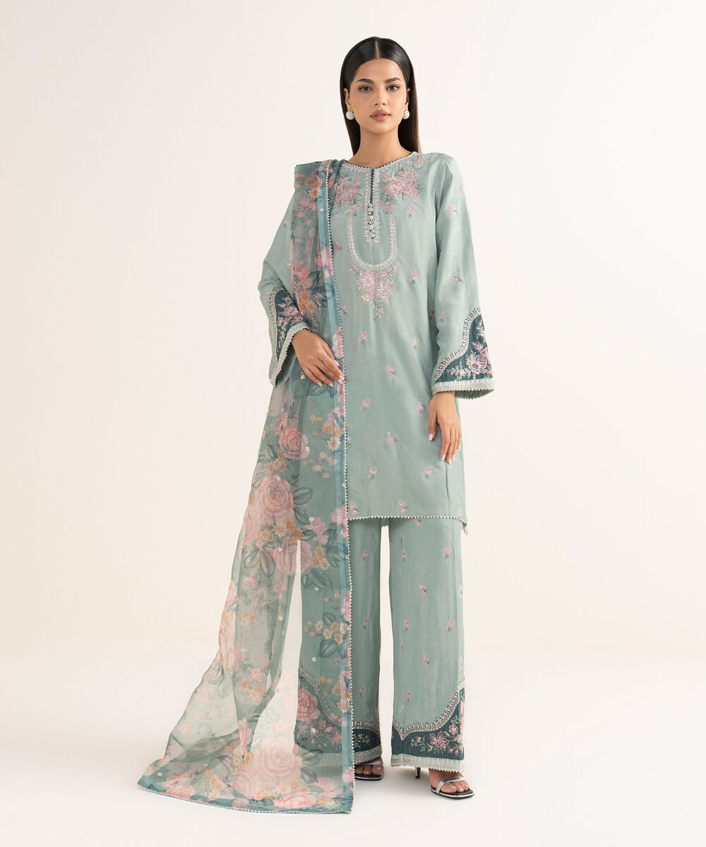 Women's RTW Raw Silk Green Embroidered 3 Piece Suit