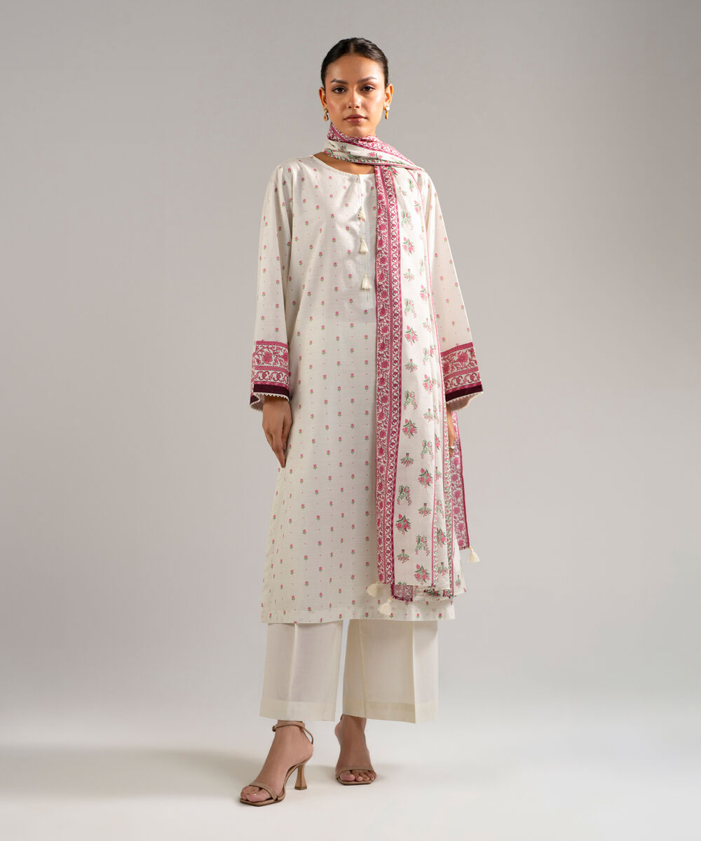 Women's RTW Slub Lawn Printed White 3 Piece Suit