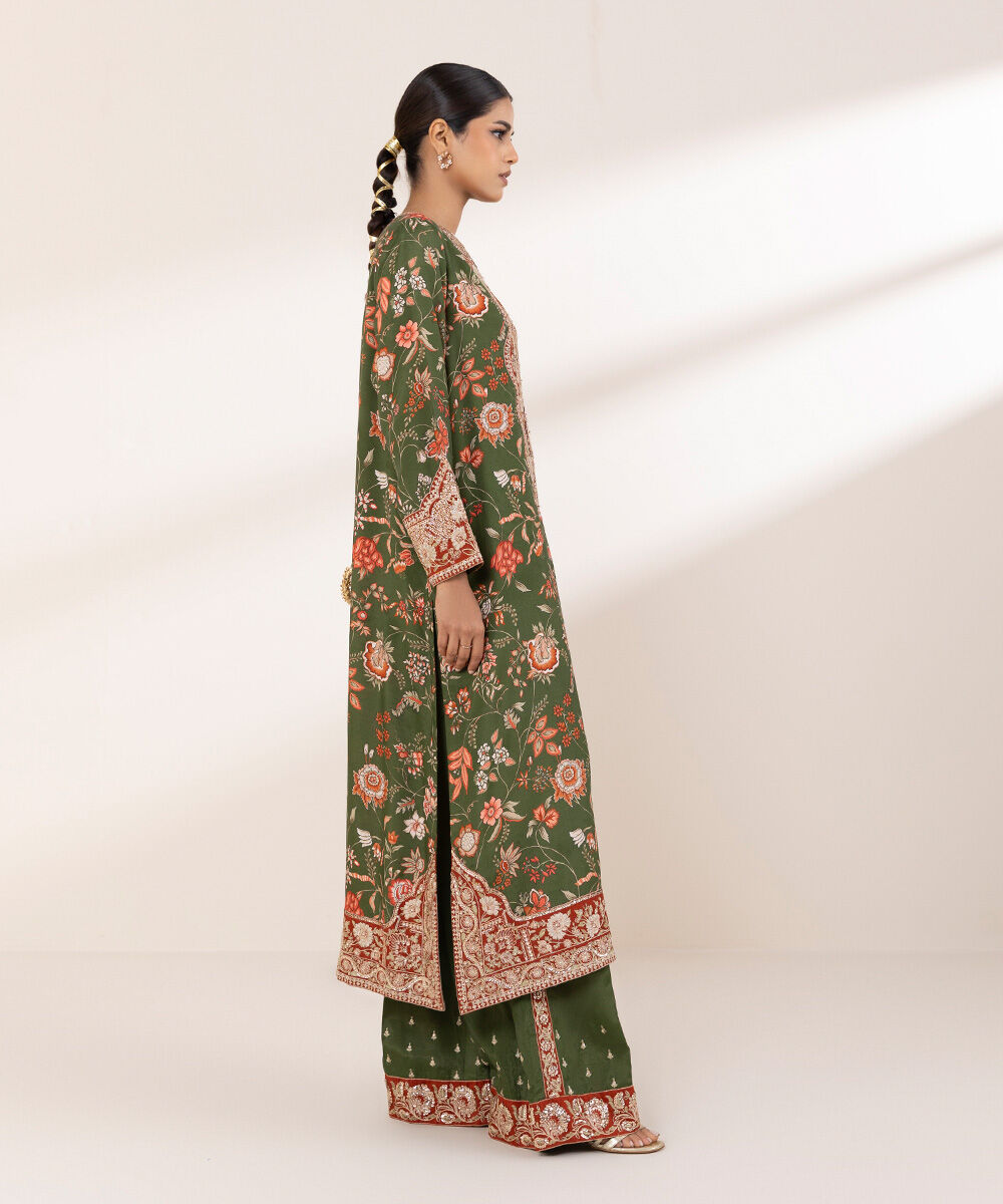 Women's RTW Viscose Raw Silk Green Embroidered Two Piece Suit
