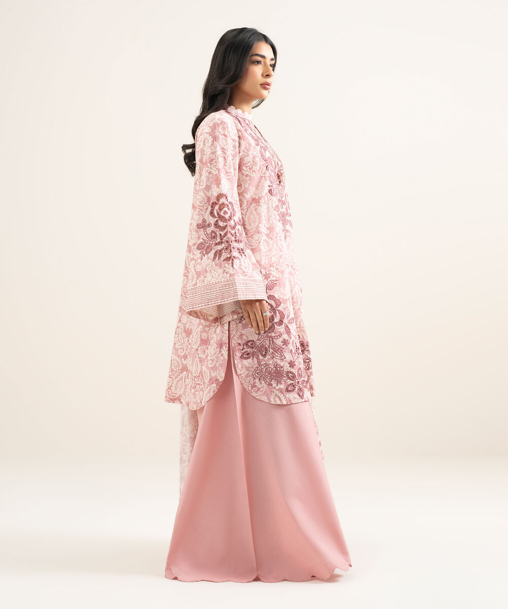 Women's Unstitched Lawn Embroidered Tea Pink 3 Piece Suit