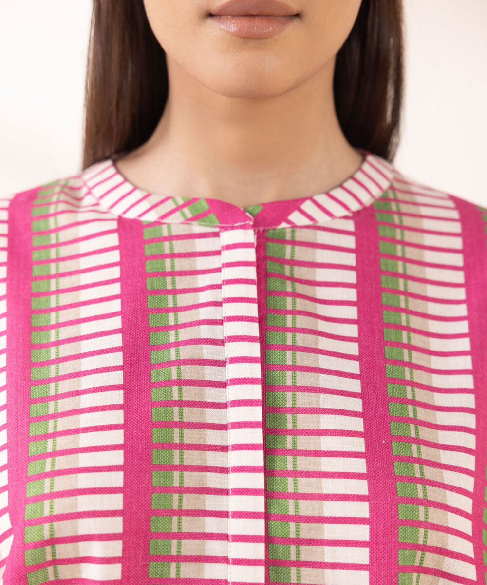 Women's Pret Printed Pink And Cream Khaddar Boxy Shirt
