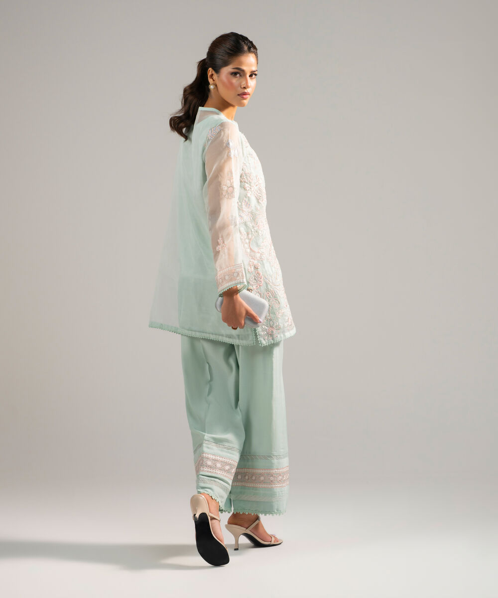Women's RTW Organza Embroidered Green 2 Piece Suit