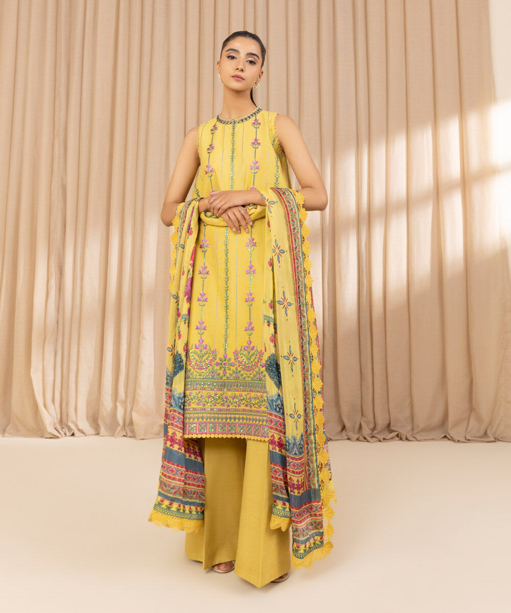 Unstitched Women's Embroidered Cotton Net Yellow Three Piece Suit