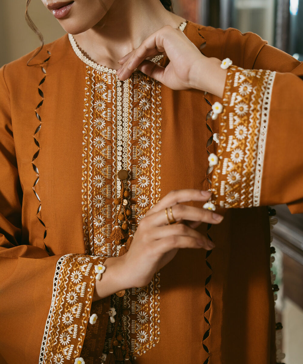 Women's Unstitched Cotton Embroidered Orange 3 Piece Suit