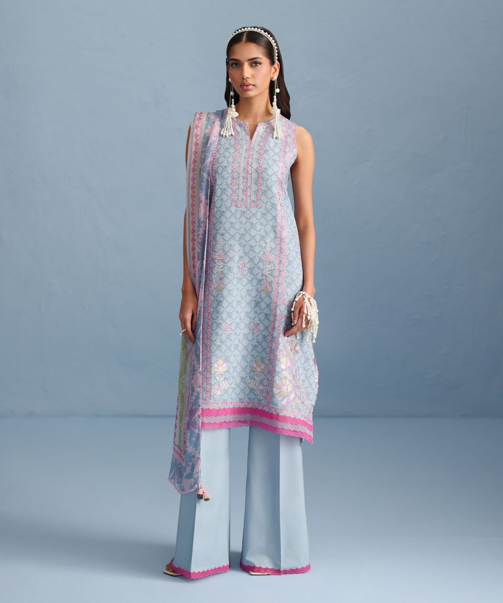 3 Piece - Embroidered Jacquard Suit Women's Unstitched Jacquard Embroidered Blue Three Piece Suit