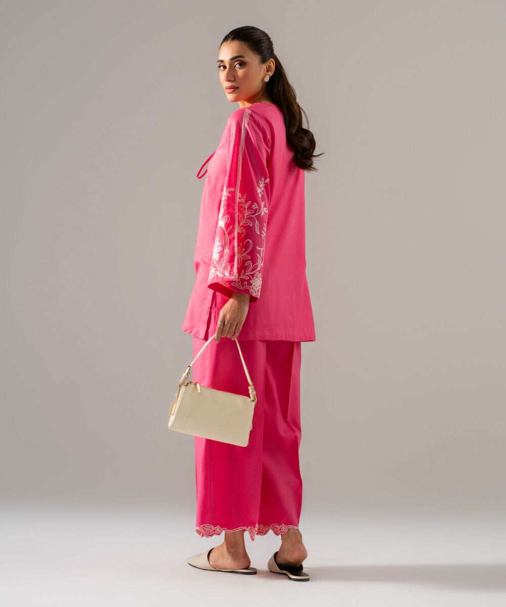 Women's RTW Dobby Solid Embroidered Pink 2 Piece Suit