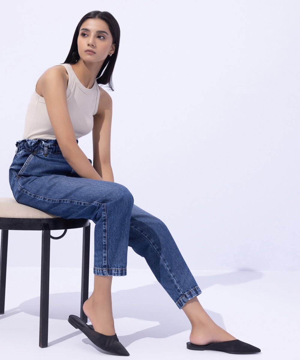 Paper Bag Jeans Women's Western Wear Blue Denim Pants