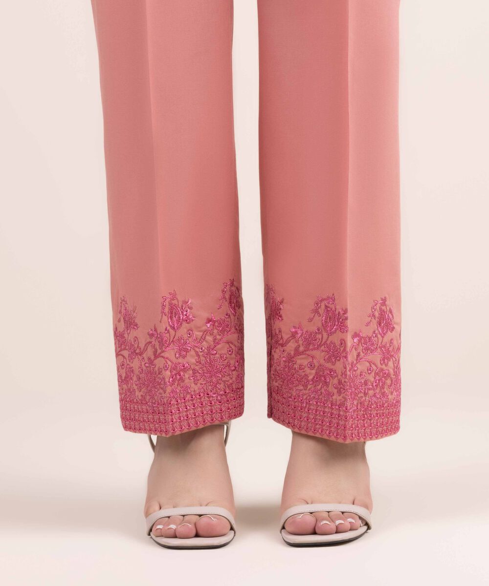 Woman - Pink Embroidered Cambric Straight Pants
