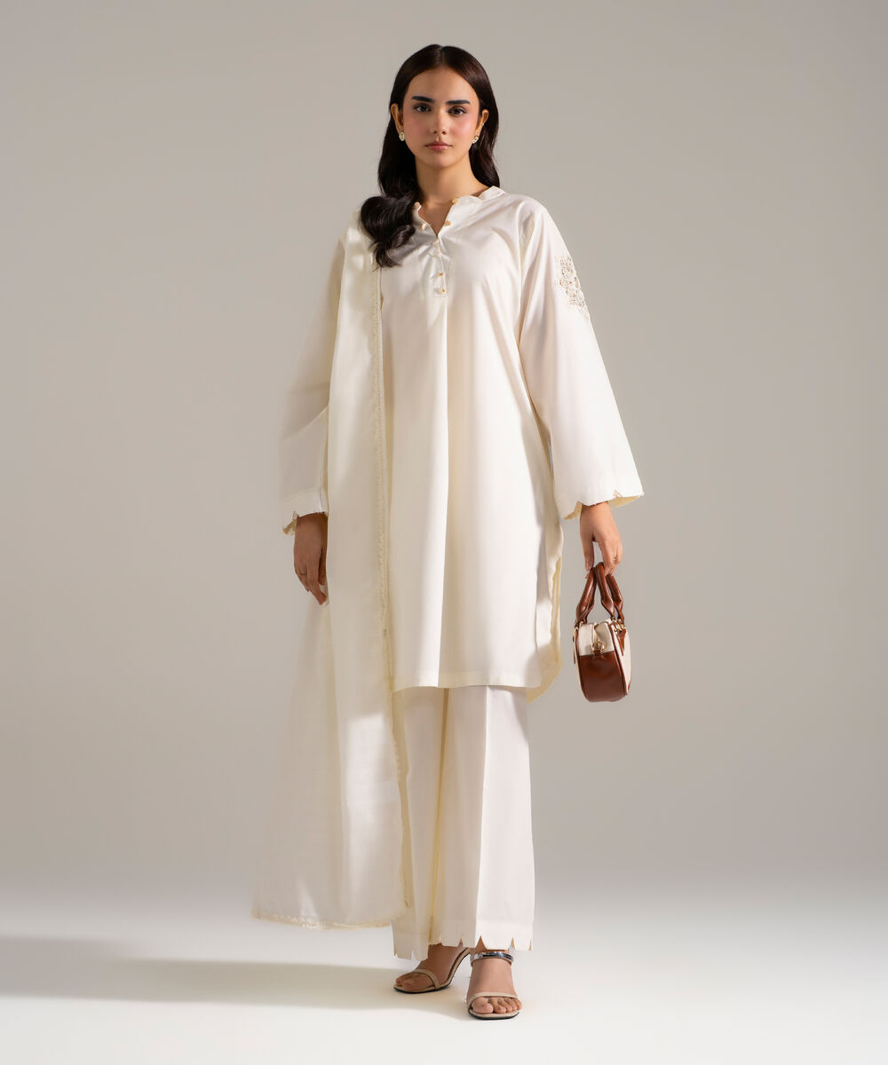 Women's RTW Cambric Printed Off White 3 Piece Suit