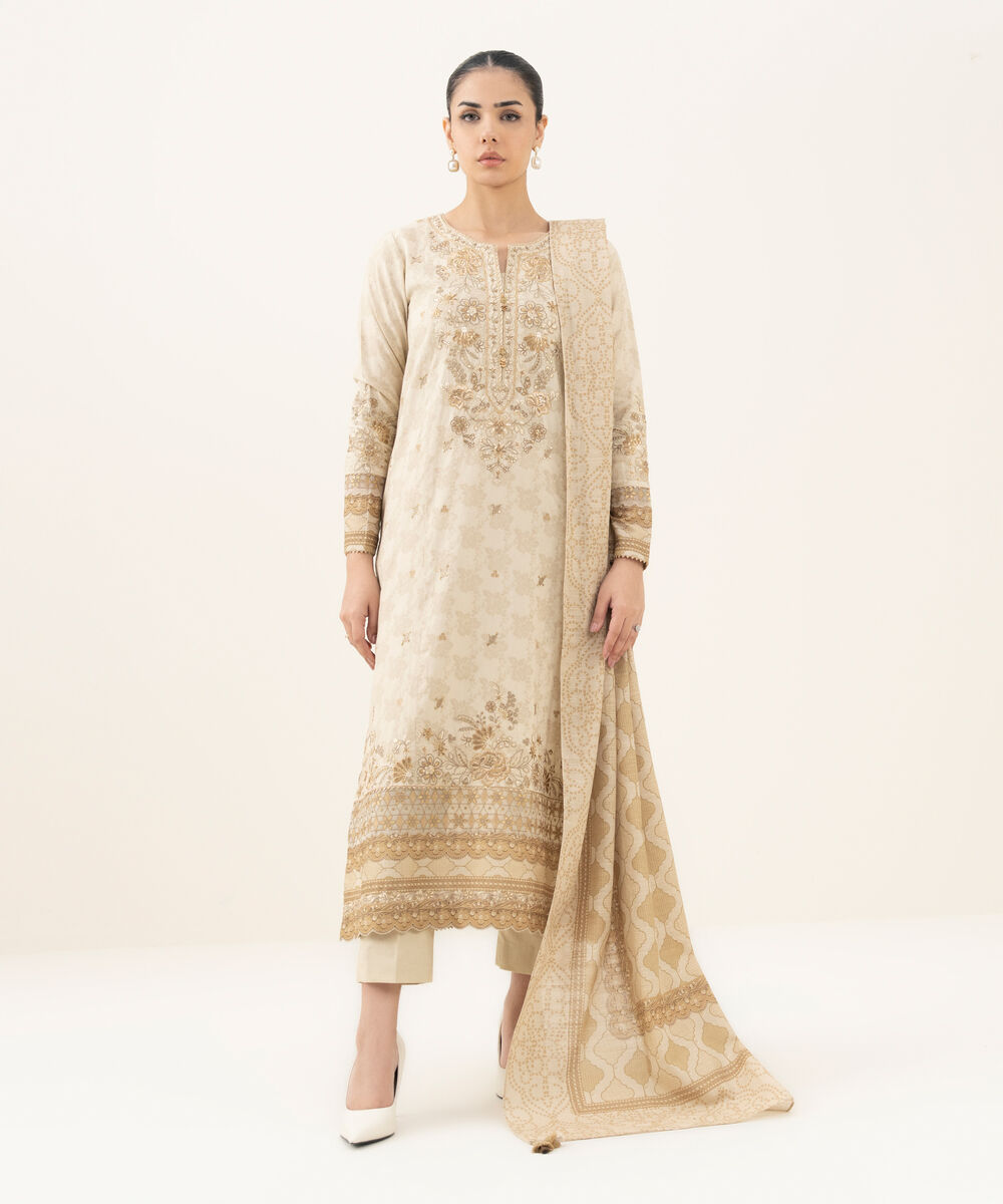 Women's Unstitched Embroidered Cotton Jacquard Beige 3 Piece Suit