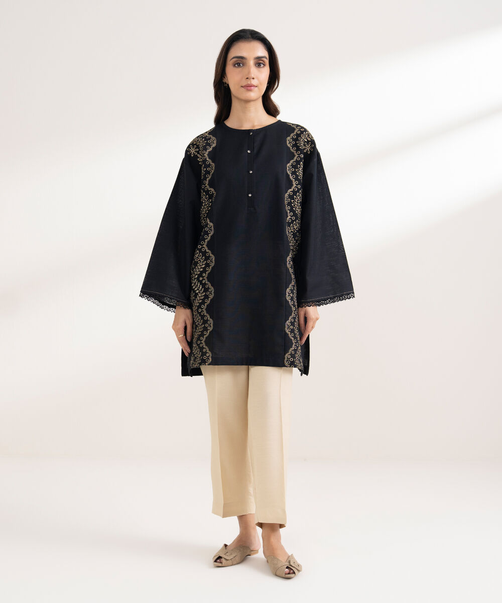 Women's RTW Light Khaddar Embroidered Straight Black Shirt