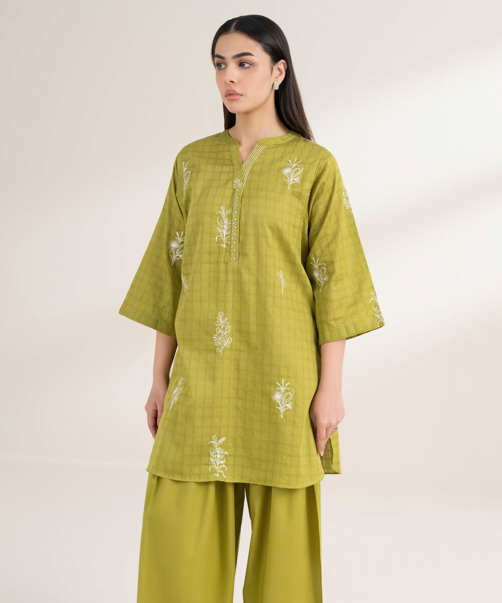 Women's RTW Textured Cotton Embroidered Boxy Green Shirt