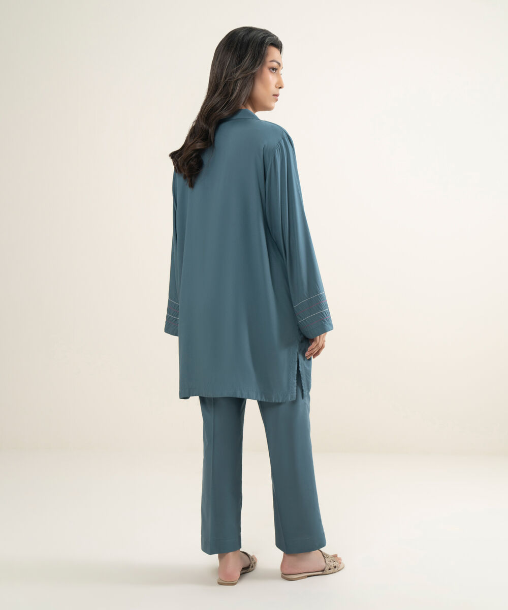 Women's RTW Arabic Lawn Solid Teal Drop Shoulder Shirt