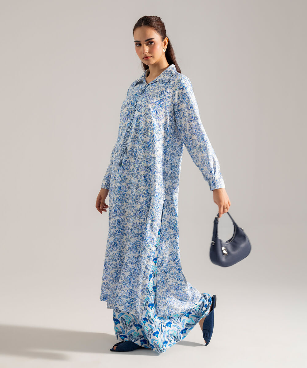 Women's RTW Printed White Viscose Linen 2 Piece Suit