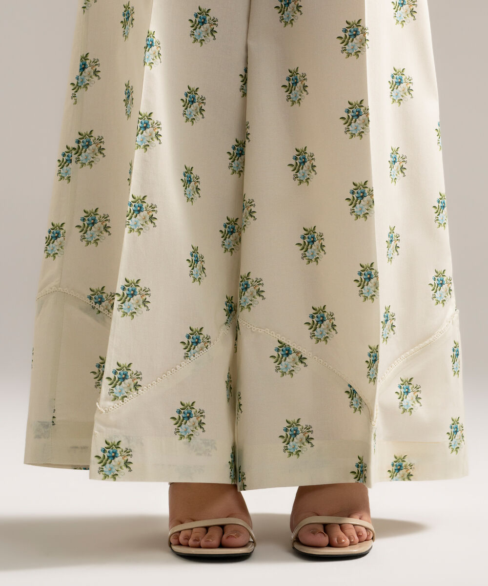 Women's RTW Cambric Printed Off White Flared Pants