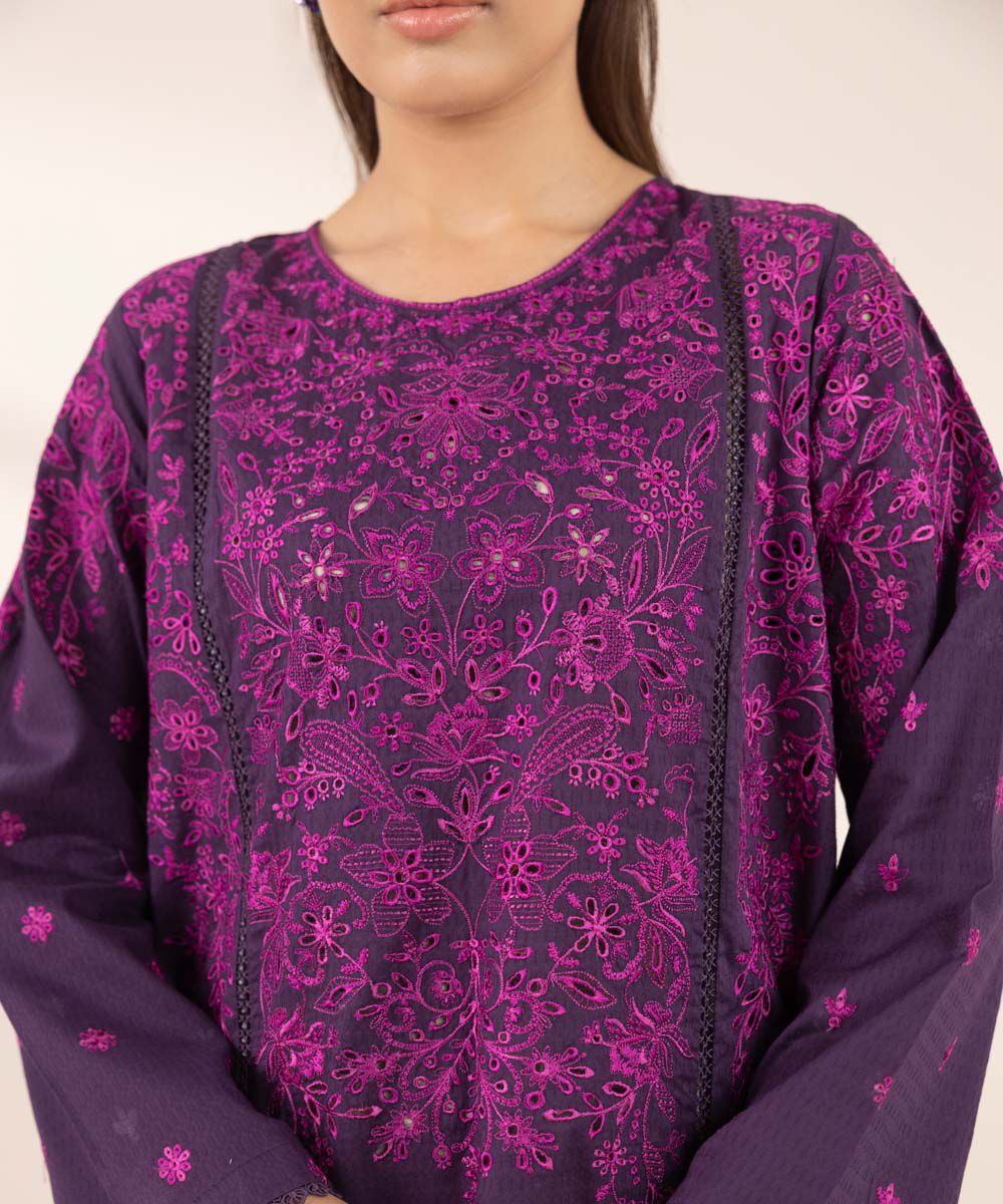Women's RTW Dobby Purple Embroidered A-Line Shirt