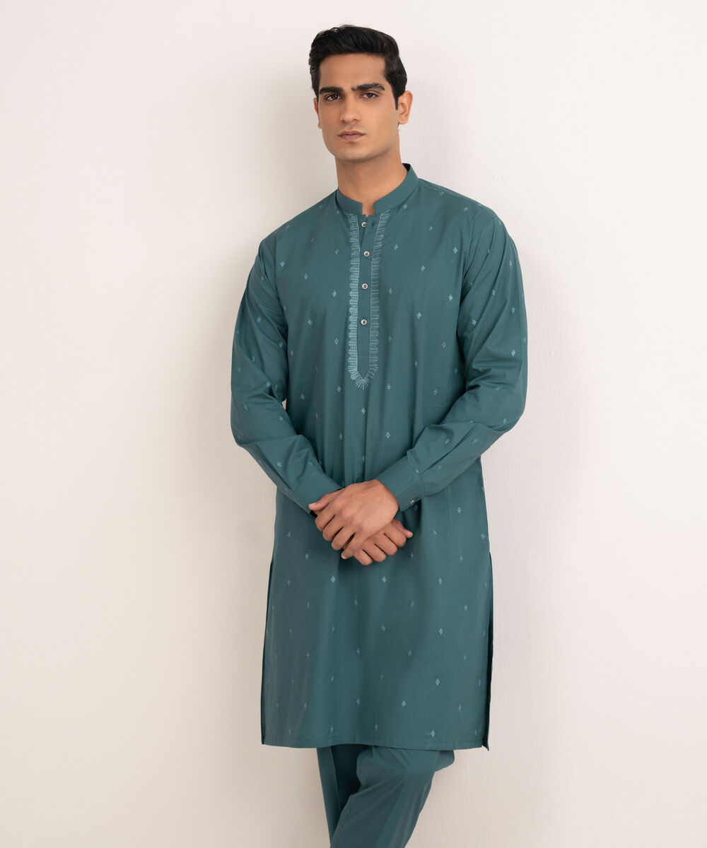 Men'S Stitched Teal Premium Cotton Suit